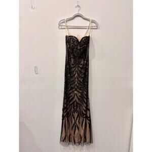 Basix Black Label Strapless Beaded Long Formal Cocktail Dress Nude/Black Women 0